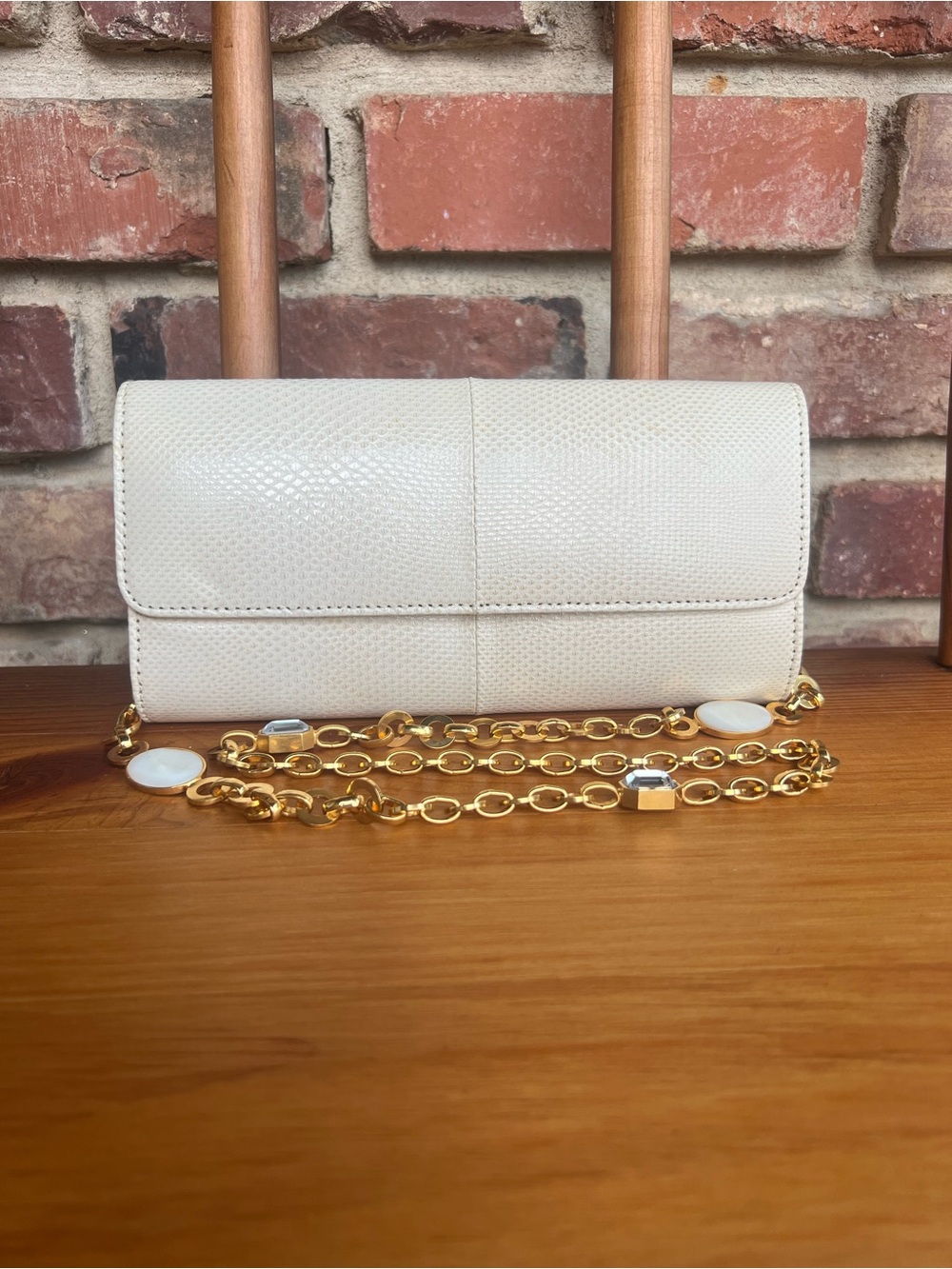 Vintage Ivory Snakeskin Embossed Leather Crossbody Clutch w/ Gold Jeweled Chain